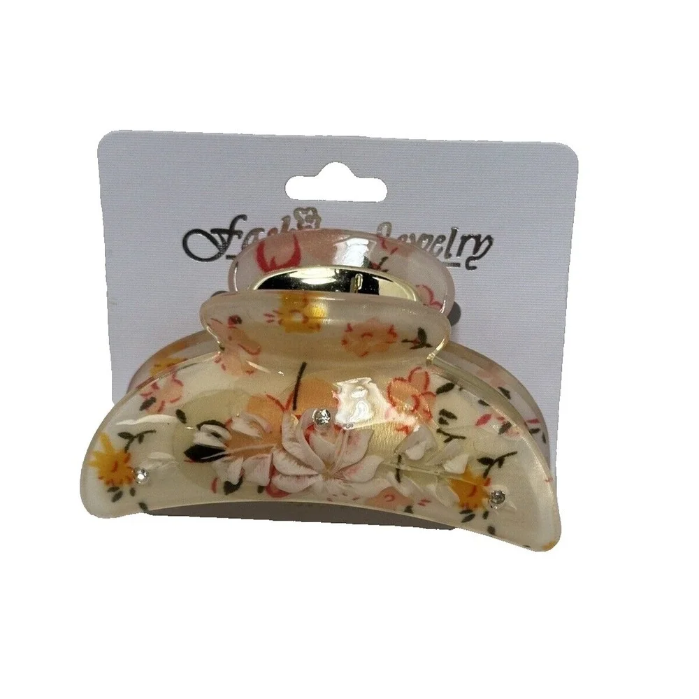 Fashion Jewelry Floral Hair Claw Clip Cream Rose Rhinestone Gold Tone Spring NEW